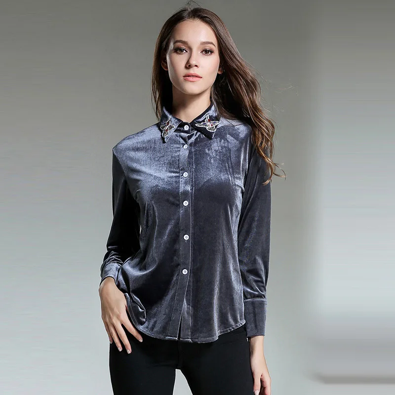 Kostlich Women Elegant Beading Embroidery Blouses And Shirts Autumn Winter Velvet Slim Grey Tops Retro Long Sleeve Casual Shirt (18)