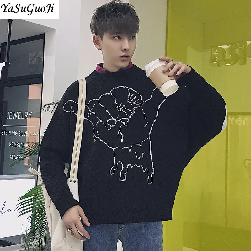 YSGJ Новый Осень 2018 г. хип поп стиль модный принт рукав "летучая мышь" пуловер для мужчин свободные вязаный мужской свитер TTS5