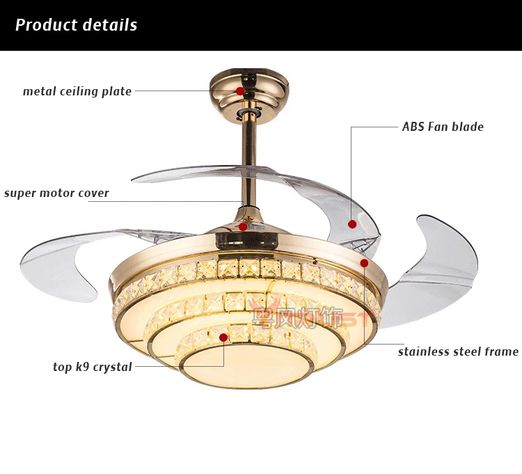 Хрустальный светодиодный потолочный вентилятор лампа 42 дюймов Невидимый потолочный вентилятор свет с пультом дистанционного управления 4 лопасти вентилятора