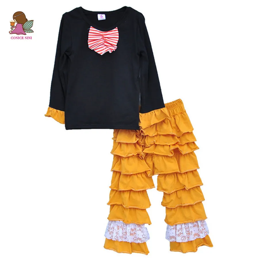 

Fall Winter Wholesale Children Clothing Sets Kids Black Sleeve Top Baby Multi Layers Ruffle Pants Toddler Girls Outfits F029