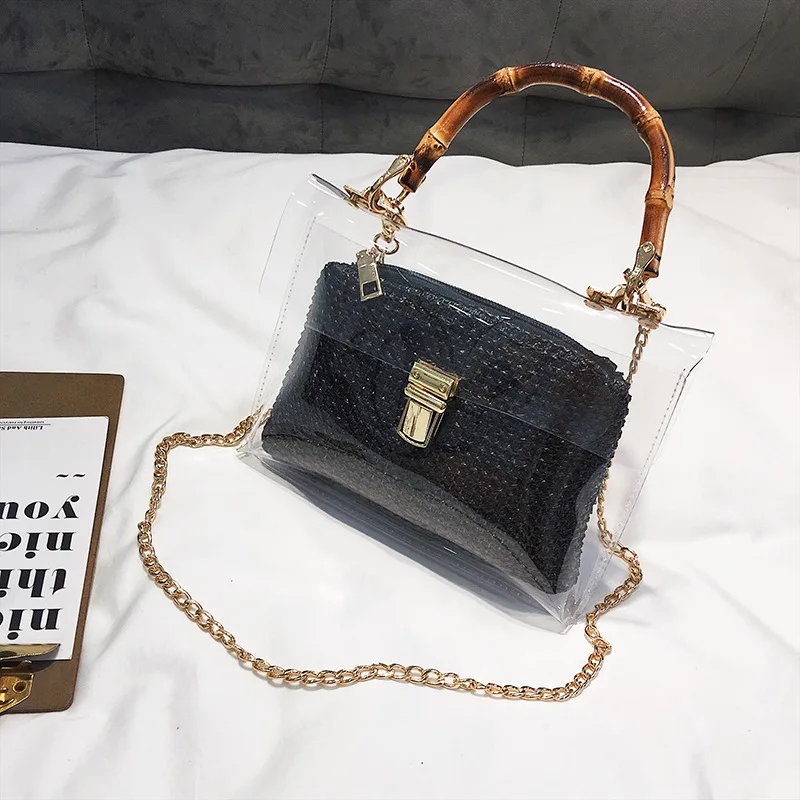 

Transparent Female Bag 2019 New Handbag Quality PVC Stripe Transparent Women Bag Sweet Beach Bag Chain Shoulder Messenger Bag