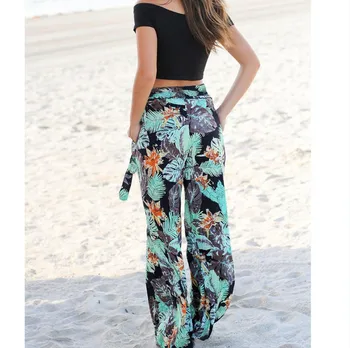 

Printing Women Trousers Girls Summer Loose Wide Leg Waist Tie Long Pants