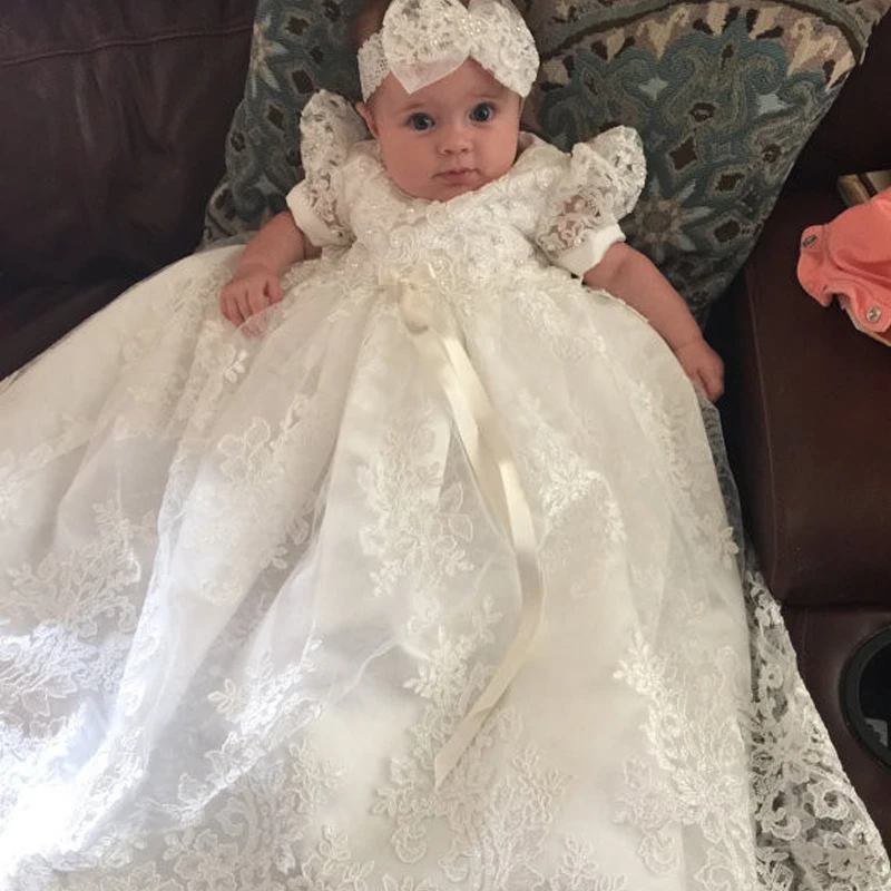 

Without Headband White New Arrival Baby Girls Dresses Puff Sleeve Floor Length Short Sleeves Lace A-Line Formal Christening Gown