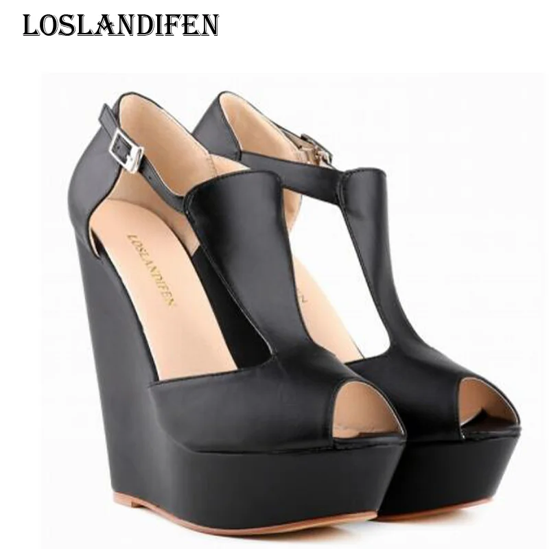 

Loslandifen Women Fashion Pu Leathet Belt Buckle Strap High Heel Shoes Fashion Plus Size 35-42 Wedge Platform Summer Sandals