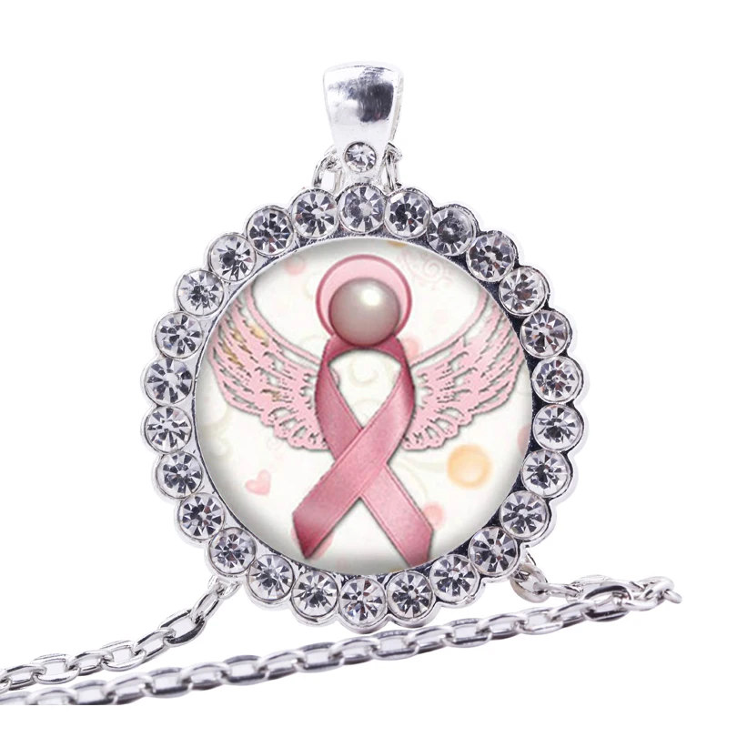 

Angel Pink Breast Cancer Awareness Ribbon Swirl Heart Pendant Necklace Glass Art Print Jewelry Charm Gifts For Girls and Ladies