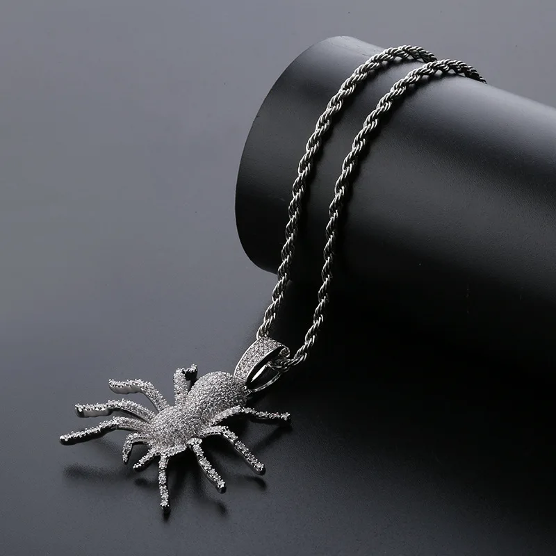 DNSCHIC Iced Out CZ Hip Hop Pendant Spider Necklace for Mens Animal Pendant Chain Gold Silver Black with Twisted Singapore Chain