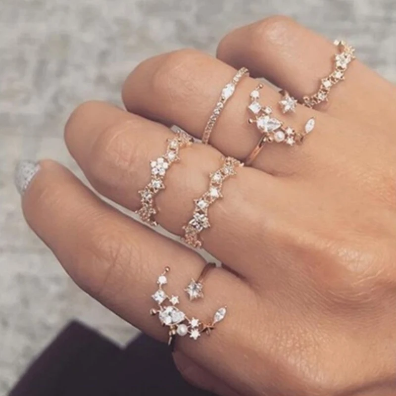 

5 Pcs/set Women Fashion Bohemia Retro Crystal Moon Star Hollow Punk Personality Silver Open Ring Wedding Anniversary Gift