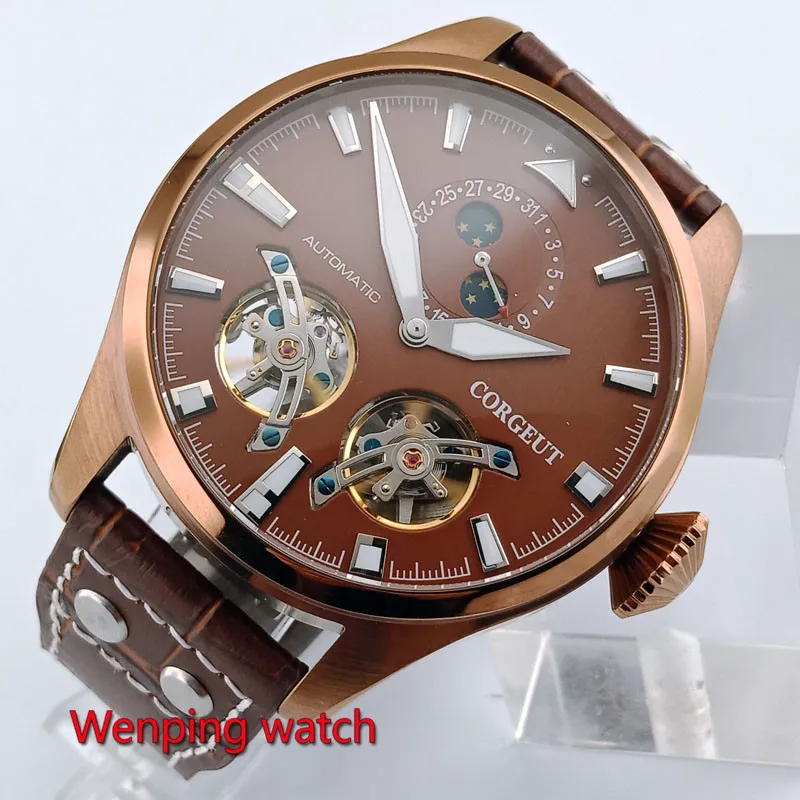 

46mm coffee dial steel case Corgeut luminous automatic Date mens wrist watch W2823