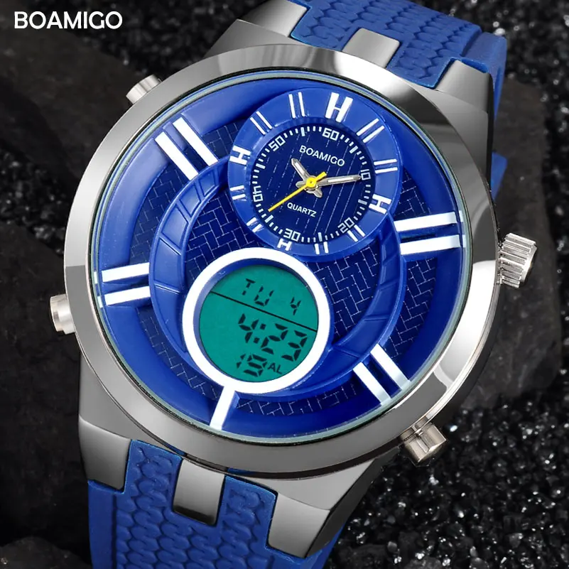 

BOAMIGO Military Mens Sport Watches Men Dual Display Watch Rubber Band Blue Male Digital Analog LED Wristwatches 30M Waterproof