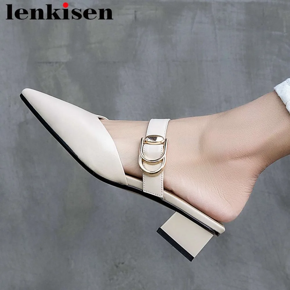 

Lenkisen 2019 natural leather covered british style slip on buckle belt chunky low heels pointed toe mules leisure pumps L11
