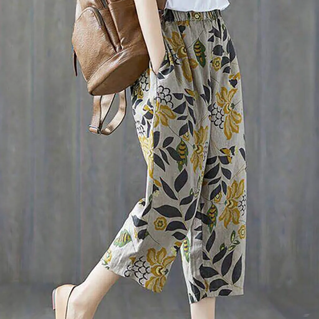 

HIRIGIN Best Seller Summer High Waist Women Print High Waist Cotton And Linen Ankle Length Pants Casual Beach Trousers