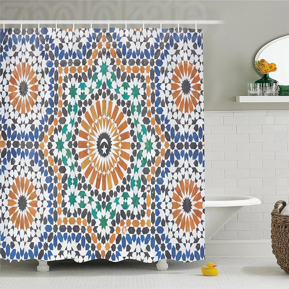 Best Moroccan Traditional Moroccan Mosaic Tile Style Art Moon and Star at the Center Ottoman Motifs Polyester Bathroom Shower Curtain