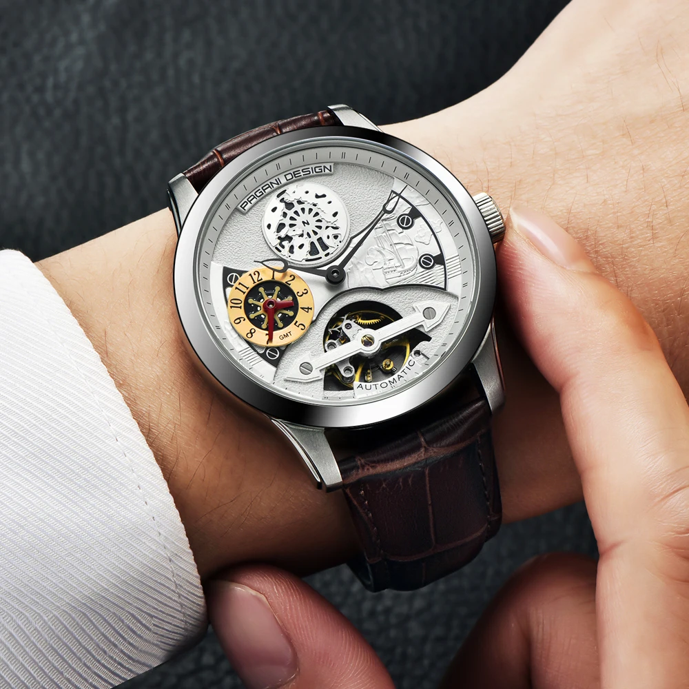 Мужские автоматические механические наручные часы PAGANI Дизайн Топ люксовый бренд Мужские часы водонепроницаемый кожаный ремешок стальные колеса циферблат часы