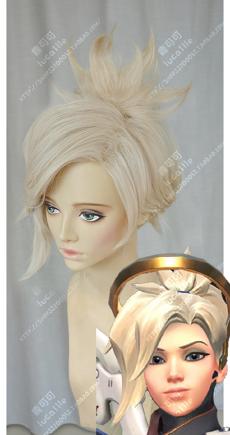 Game OW Angela Mercy Wig Short Linen Blonde Clip Ponytail Heat Resistant Sythentic Hair Cosplay Costume Wigs