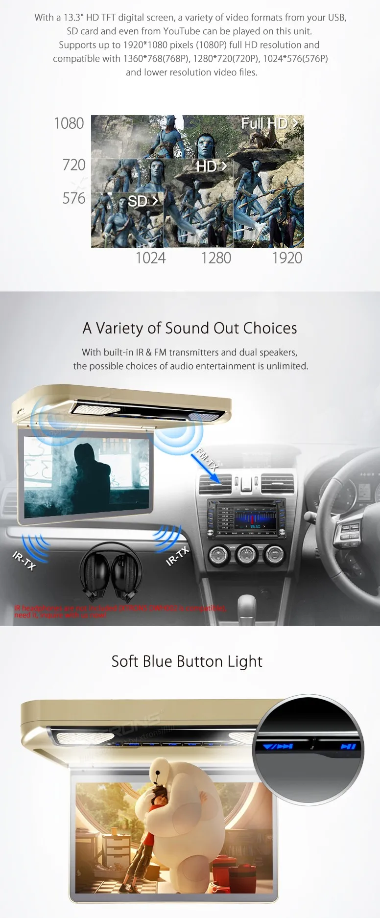 Flash Deal Xtrons 13.3" Cream Color Flip Down Car DVD Car Roof DVD Roof Mount Car DVD with Built-in HDMI Input & 2 IR/FM Headphones 5