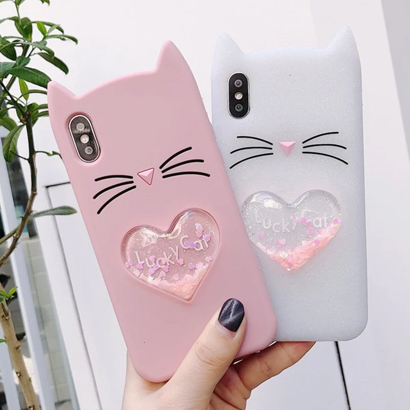

Dynamic Liquid Quicksand Back Case For iPhone 6 6S 7 8 Plus X Case 3D Cute Cartoon Animal Cat Ear Silicone Case For iphone XS