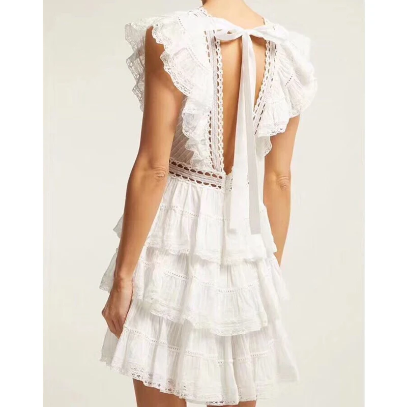 

EFIOLY High Quality Runway Designer Dress 2019 Women Summer Elegant Cascading Ruffle White Hollow Out Cotton Dress Vestidos