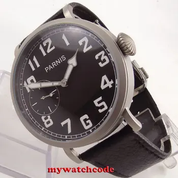 

luxury brand sandblast 46mm parnis black dial 6497 hand winding deploymant clasp mens watch P685
