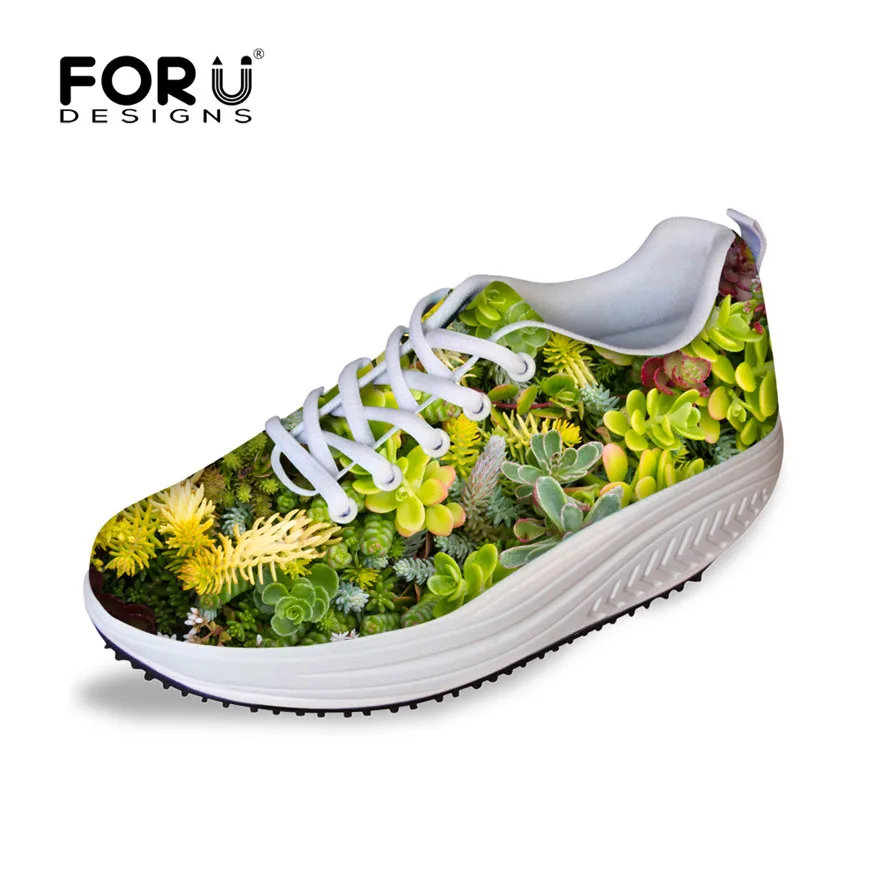 

FORUDESIGNS Novelty Green Plants Printed Women's Lace-up Swing Flats Platform Shoes Fashion Breathable Female Slimming Shoes