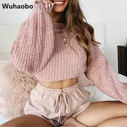 Wuhaobo осенне-зимний женский свитер Повседневный пуловер с длинными рукавами женский короткий вязаный Топ с круглым вырезом женский джемпер