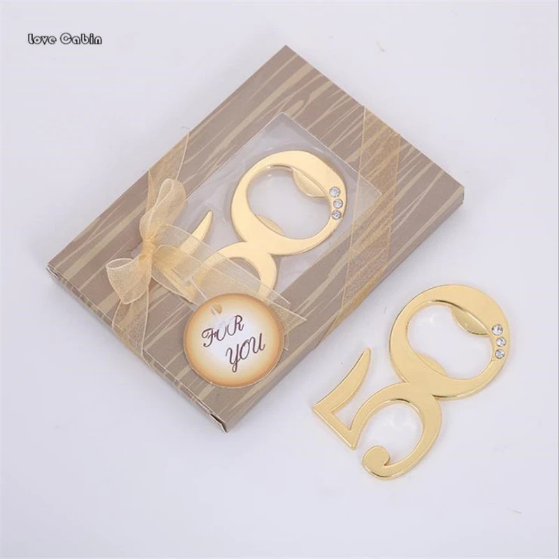 photo Cheap 50Th Anniversary Party Favors golden wedding party giveaway gold 50 metal bottle opener 50th anniversary birthday souvenir for guest wedding engagement
