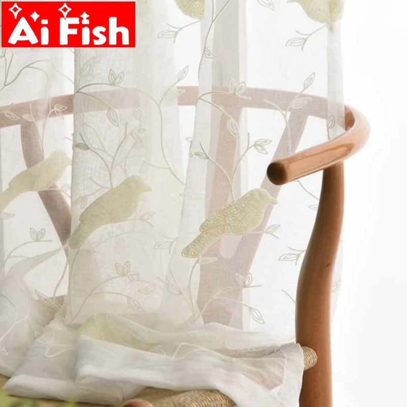 

White Bird 3D Embroidery Drape Sheer Window Rustic Curtains For Bedroom Cotton Curtain fabric Tulle Home Textile Voile AP004-30