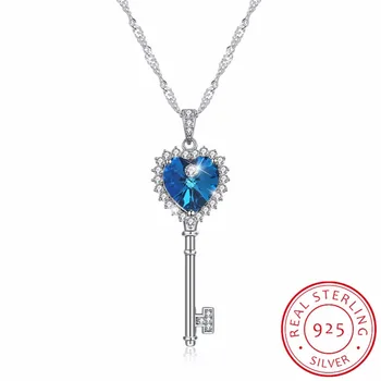 

Lekani Crystals From Swarovski Blue Purple Heart Key Pendant Necklaces Real 925 Silver Fine Jewelry For Women Chic Gift