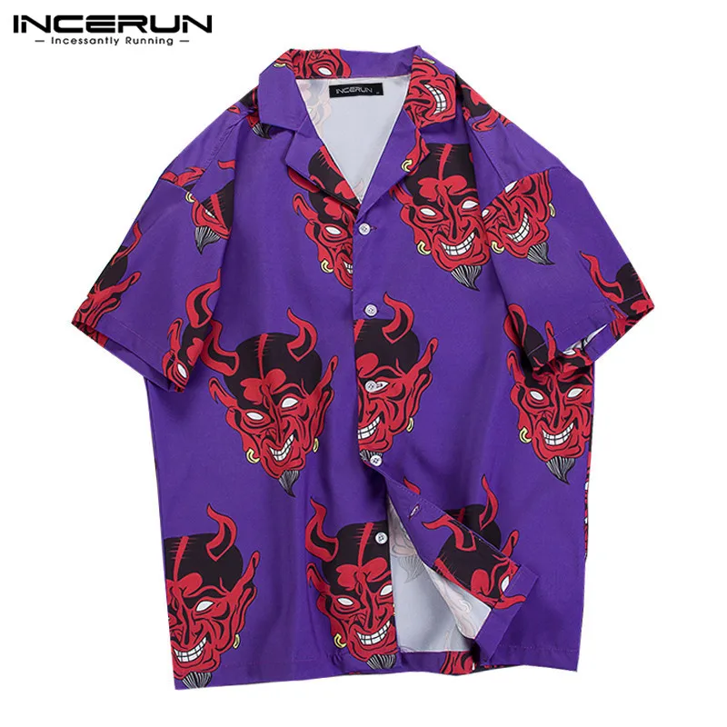 INCERUN свободные мужские рубашки Новая мода 2019 MenBig Devil Топ Camisa Masculina Повседневная приталенная Высококачественная короткий рукав