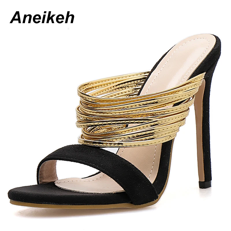 

Aneikeh 2019 Summer New Ladies Slippers Fashion Simple Suede Color Matching Open Toe Wear Stiletto High Heel Slippers Size 4-9