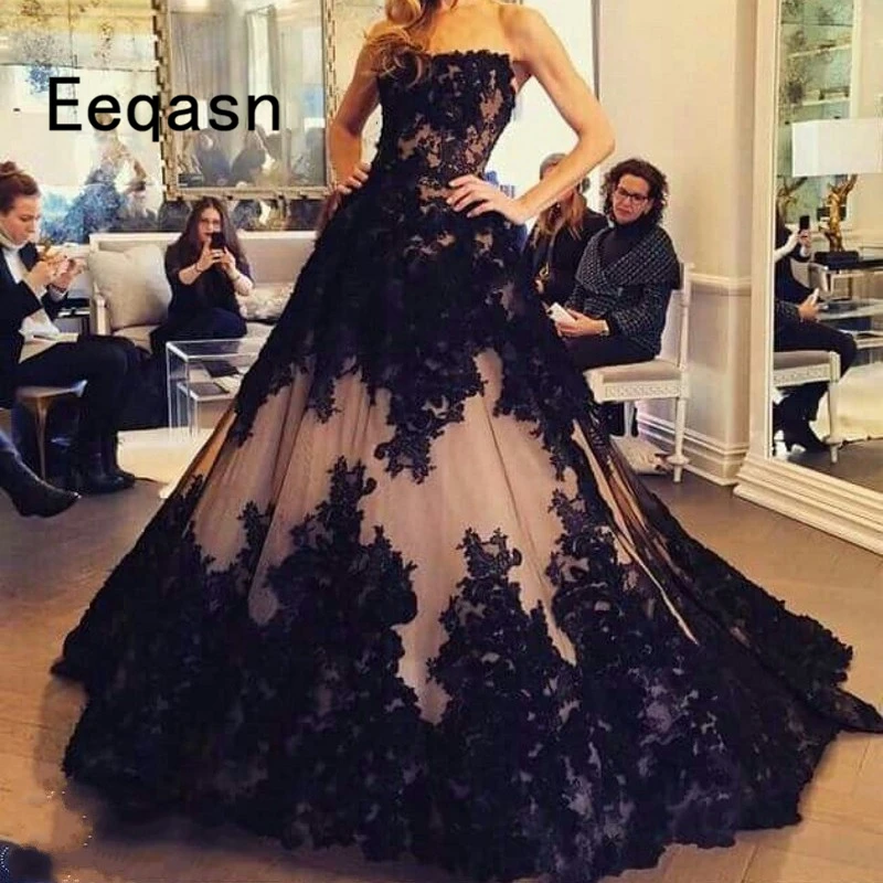 

Black Evening Dresses 2018 Strapless Applique Lace Ball Gown Formal Islamic Dubai Kaftan Saudi Arabic Long Evening Gown