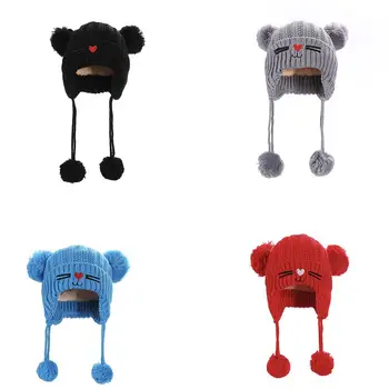 

Toddler Baby Girl Boys Autumn Winter Cat Fluffy Ball Beanies earfalp Hat Cartoon kitten Fleece Wool Knitting Skullies Hat