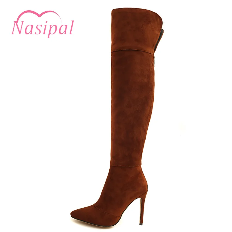 

Nasipal Stretch Women Thigh High Boots Stilettos Sexy Over the Knee Boots Pointy Toe High Heel Long Boots Black Gray with Zipper