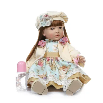

60cm Reborn Baby Doll Lifelike Baby Doll Silicone Cloth Body Simulation Long Hair Flower Skirt Princess Doll With Movable Limbs