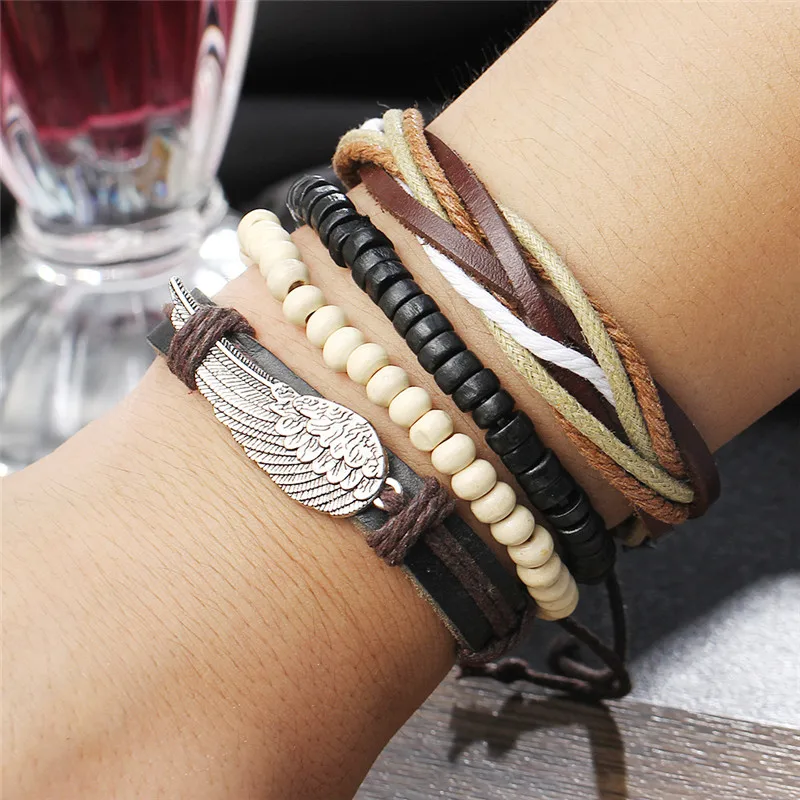 XiongHang Многослойный кожаный браслет с бусинами для мужчин и женщин изредка Мягкий Ретро ювелирный браслет 4 шт. в 1 комплект