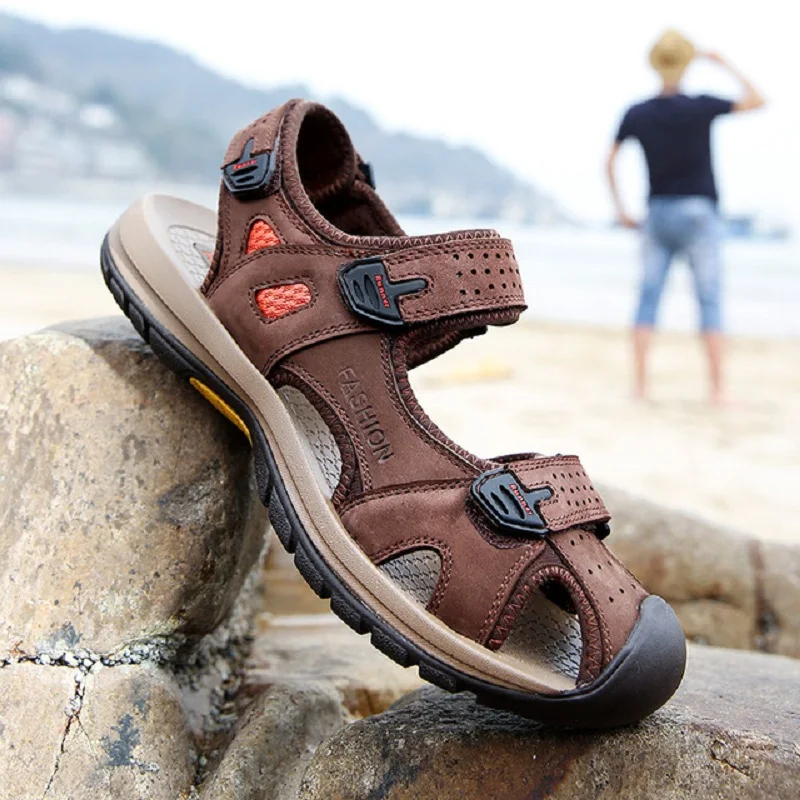 Amarelo Loop Da Ar Anit Flats Masculinos Praia Homens cáqui Sapatos Em Plataforma choque Do Couro Verão Aa10306 chocolate Gancho Sandálias Respirável Genuíno Livre Ao xOf1HWq