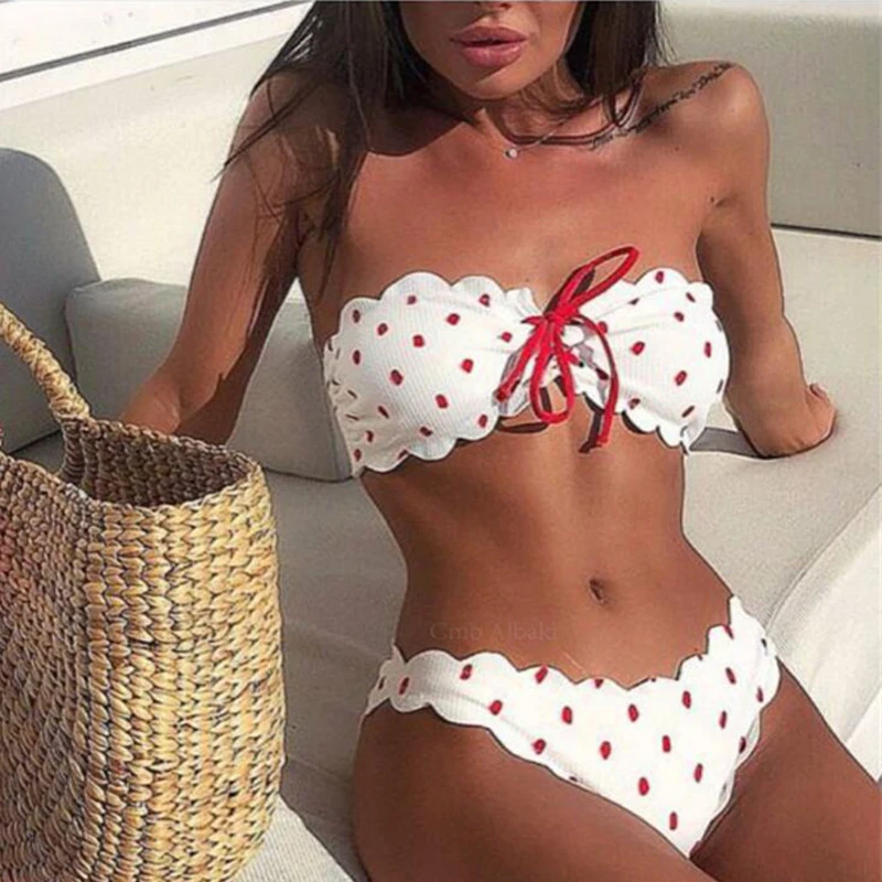 

2019 New Polka Dot Sexy Bikini Women Bandeau Push Up swimwear Summer Beachwear Swimsuit Female Print Bikini Set Bathing Suit