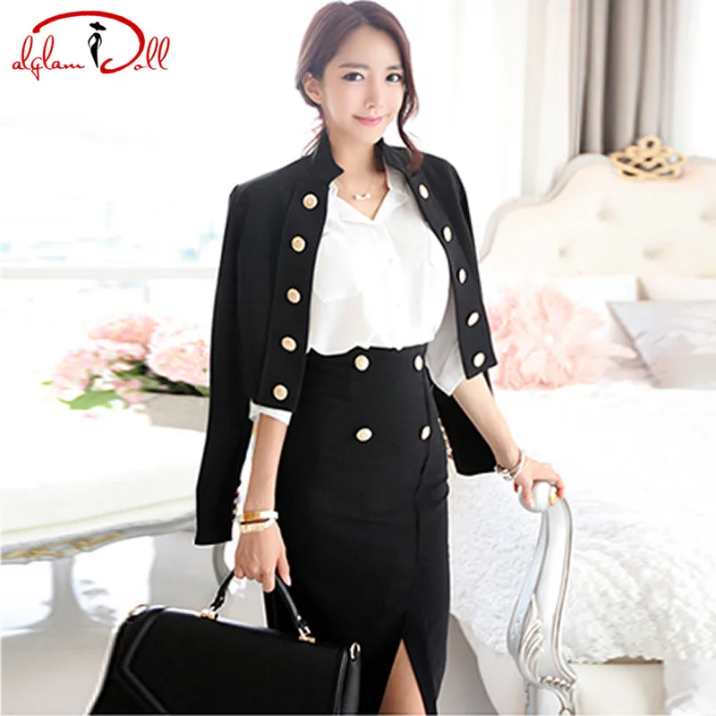 

2019 Autumn Office Slim Blazer Coat OL Bodycon Knee-Length Pencil Skirt Two Piece Sets Split Solid Work Suit Dress