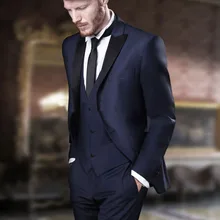 Итальянский Стиль Темно-синие жениха Смокинги для женихов Slim Fit Мужская Свадебная вечеринка Костюмы дружки костюм Жених наряд(куртка+ Брюки для девочек+ жилет+ галстук