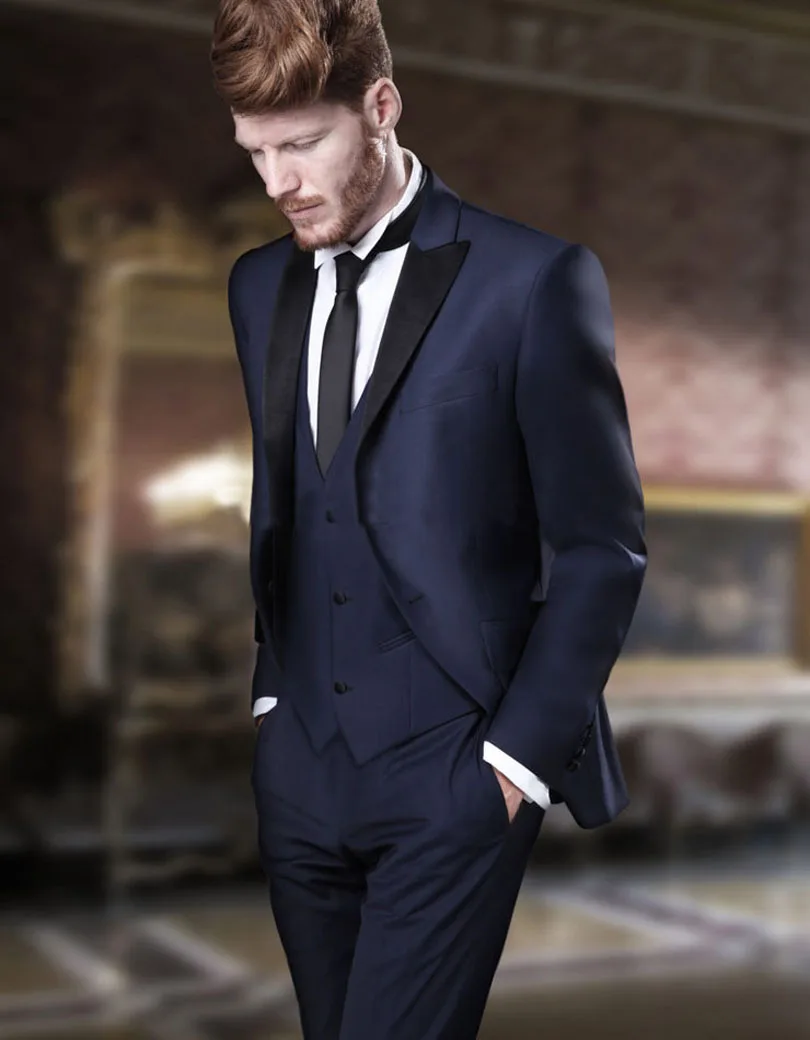 Groom Tuxedo Men's Suit Navy Blue Groomsman Bridegroom Slim Fit Wedding Suits 