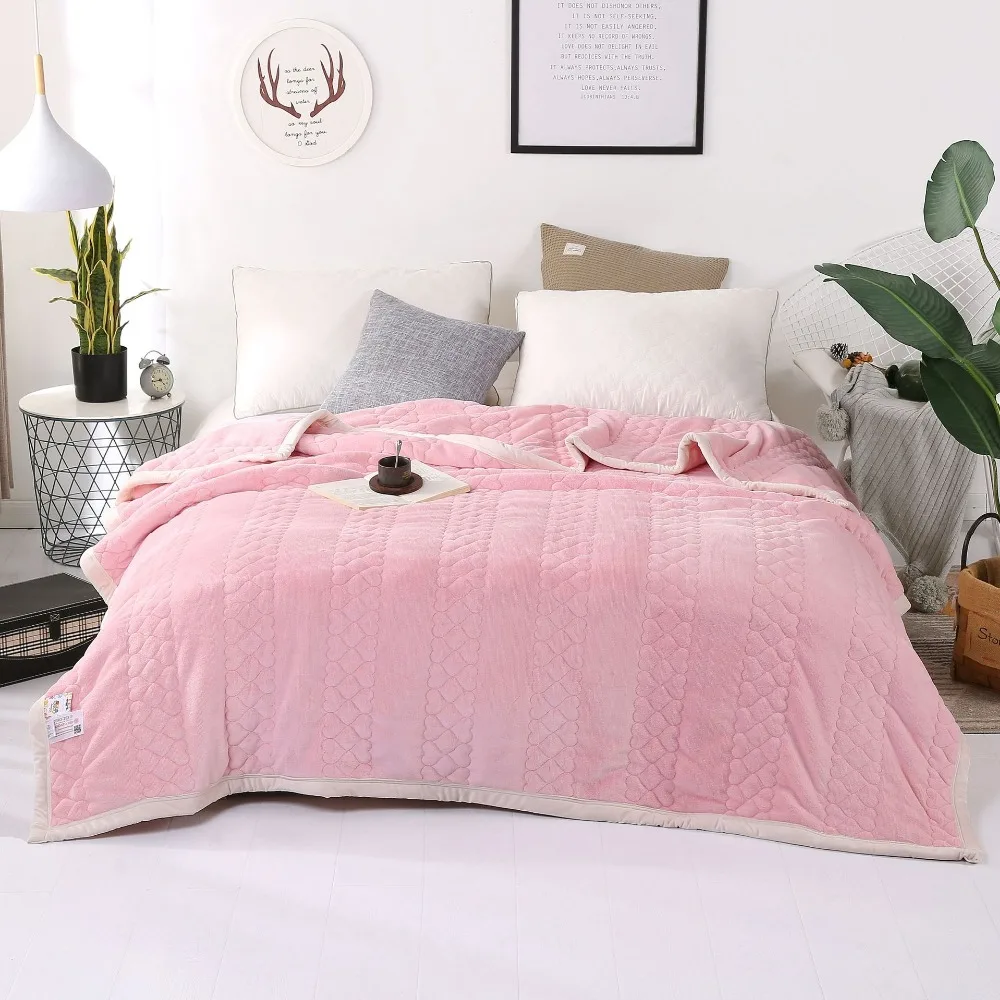 

3 Layer Soft Warm Thick Quilted Blanket Solid Color Pink Camel Blue Grey Double Layer Winter Blanket With Microfiber Filling