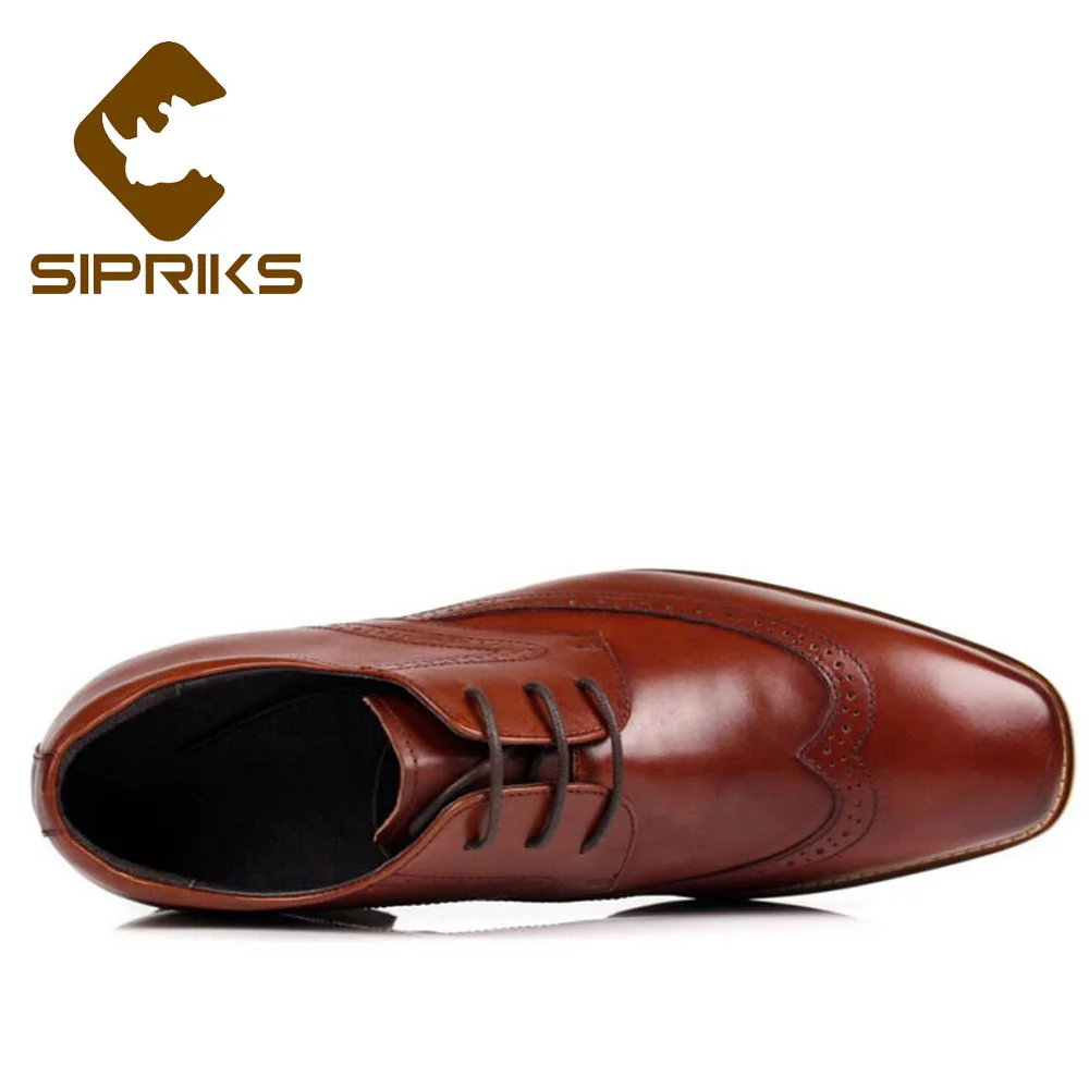 Sipriks Brown Leather Hidden Heel Shoes Men Oxfords Elevator 8 CM Boss Male Retro Brogue Shoes Elegant Black Gents Suit Shoes