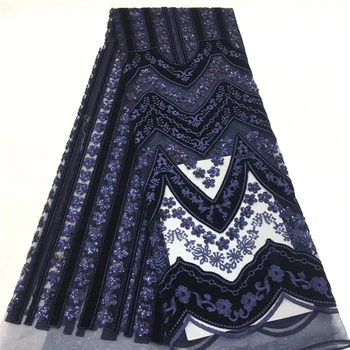 

VILLIEA Velvet High Quality French Tulle Lace Fabric Navy Blue Lace Fabric For Wedding African Lace Material With Sequins