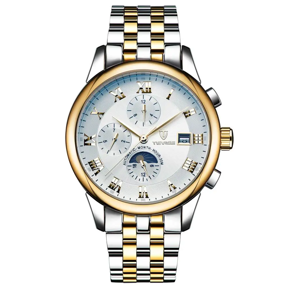 TEVISE модные повседневные мужские s часы Топ бренд класса люкс бизнес автоматические механические часы мужские наручные часы Relogio Masculino - Цвет: GLD GLD WT