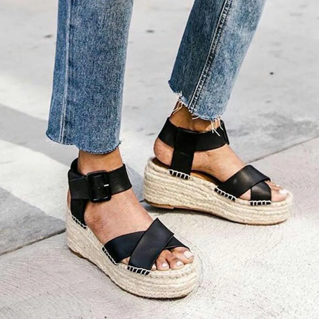 

Gladiator Buckle Strap Cane black leather Platform sandal Women's summer Fashion Solid Wedges Casual Roman Shoes beach Sandals