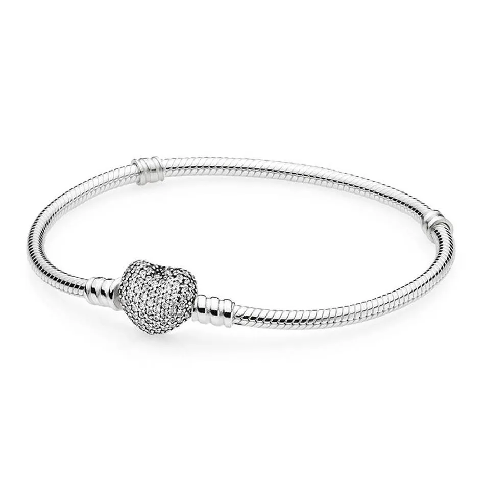

Authentic S925 Sterling Silver Women Bracelet Bangle fit Lady Bead Charm Pendant Dangle Pave Heart Bracelet Clear CZ