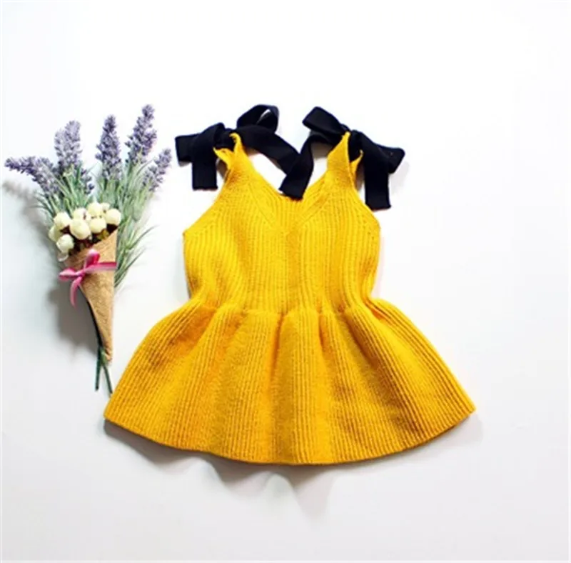 Осенне-зимнее платье-майка для маленьких девочек вязаные платья-свитеры без рукавов для девочек, платья с милым бантом для маленьких девочек, vestidos AA2976 - Цвет: Цвет: желтый