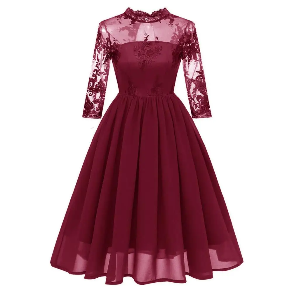 

prom dresses o-neck dark red lace chiffon vestidos de festa knee-length prom gown in stock party dresses with sleeves