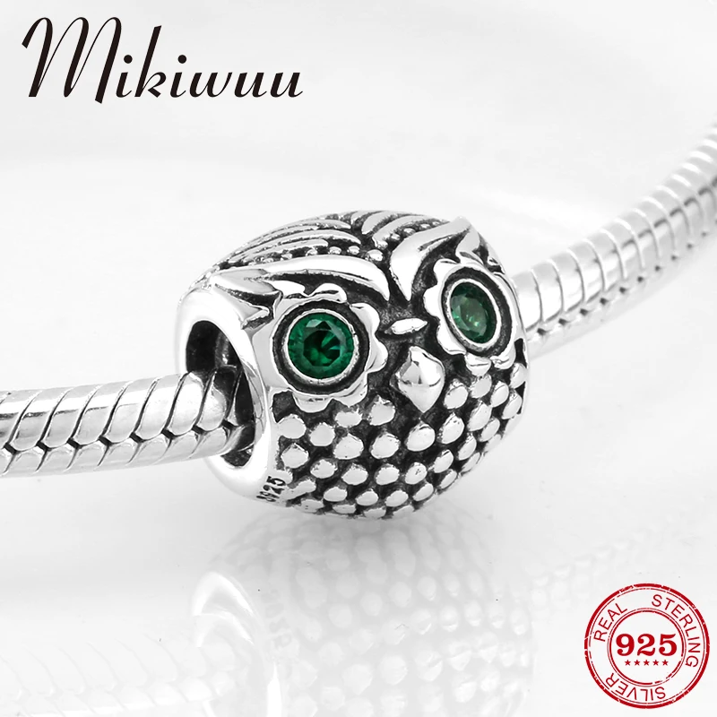 

925 Sterling Silver Owl Charm fashion beads with green CZ eyes Fit Original Pandora Charm Bracelet Jewelry making