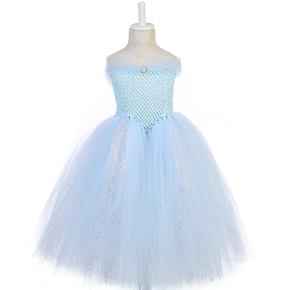 Light Blue Princess Belle Beauty and the Beast Dress Girls V-neck Ankle Length Party Dress Tutu Sparkle Ployester Mesh Ball Gown (1)