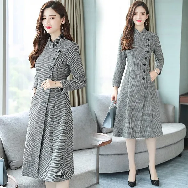 Laine Femmes Vintage Picture As Offre Mandarin Col Outwear Spéciale Mélanges Manteau Pardessus Décontracté Automne Hiver Unique Plaid Poitrine Long DHYW2E9I